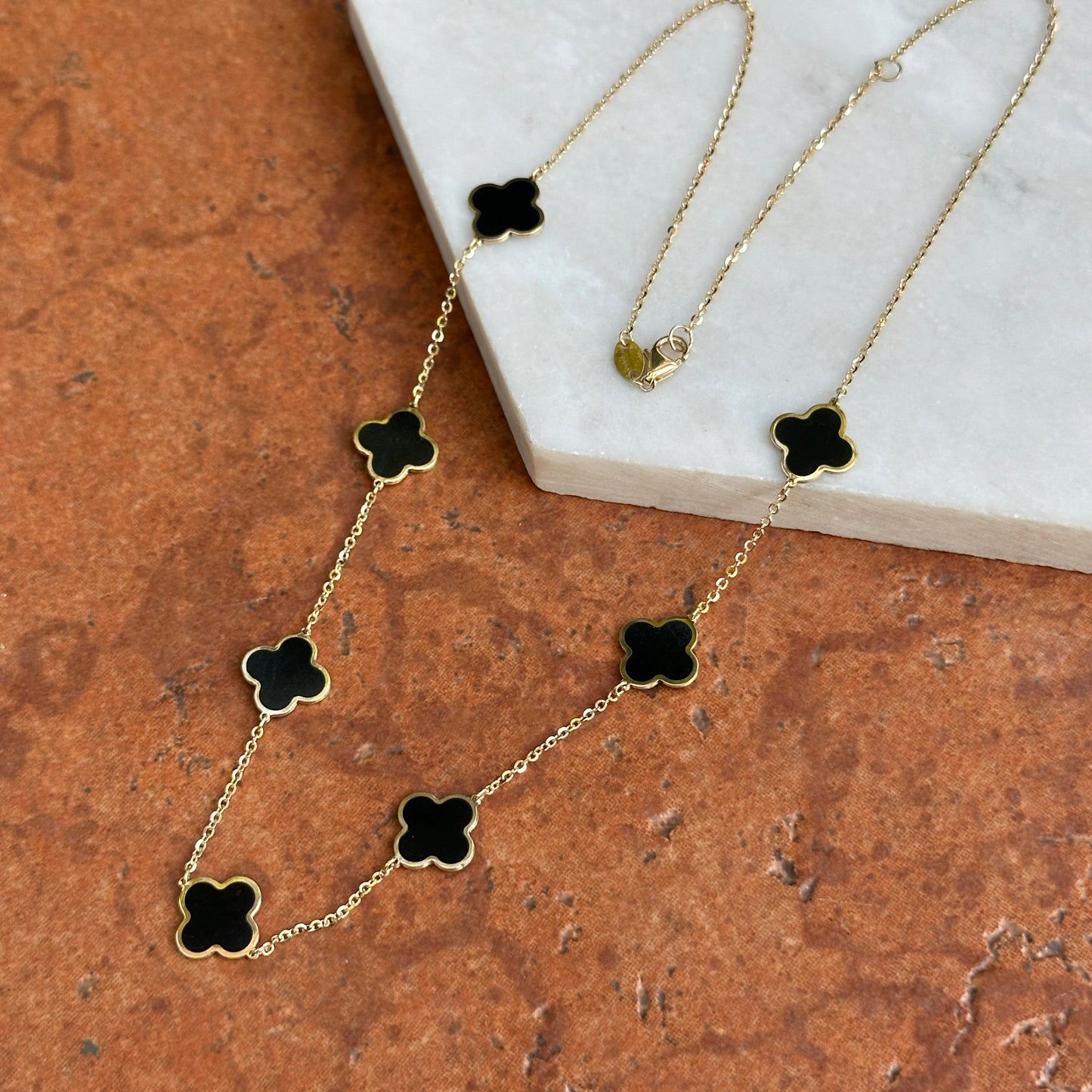 14KT Yellow Gold 10mm Black Onyx Clover Station Cable Chain Necklace