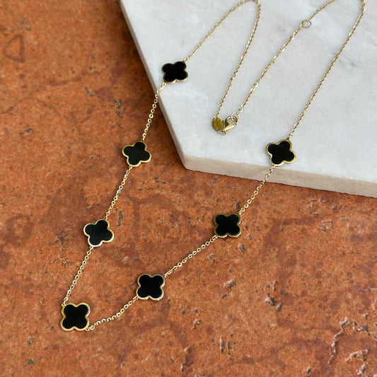 14KT Yellow Gold 10mm Black Onyx Clover Station Cable Chain Necklace
