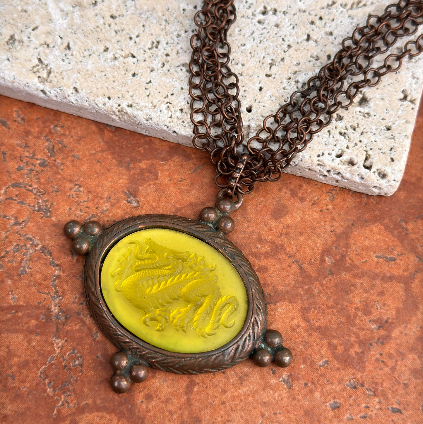 Estate Babyone Paris Bronze Tone Dragon Cameo Intalio Green Venetian Glass Necklace 18” - LSJ