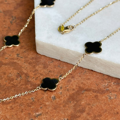 14KT Yellow Gold 10mm Black Onyx Clover Station Cable Chain Necklace