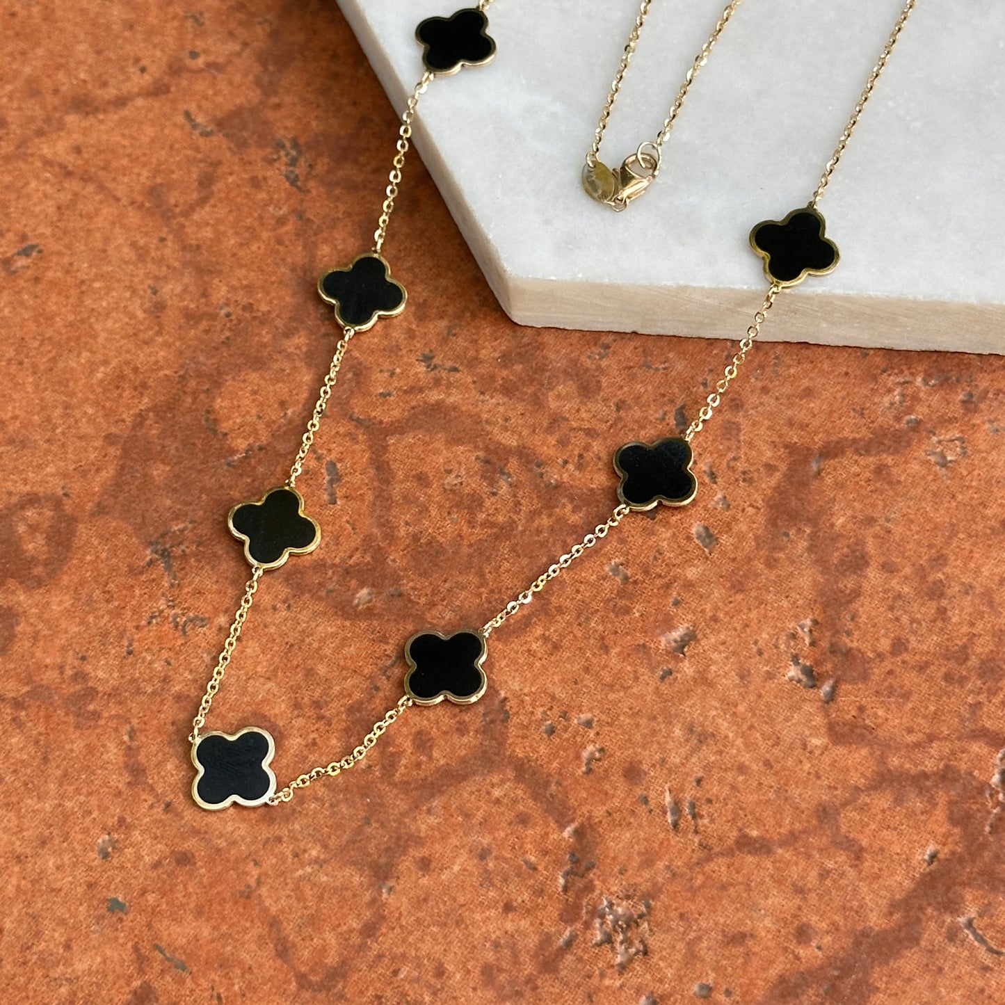 14KT Yellow Gold 10mm Black Onyx Clover Station Cable Chain Necklace