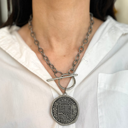 Estate Silver Pewter Tone Reversible Replica Coin Toggle Necklace