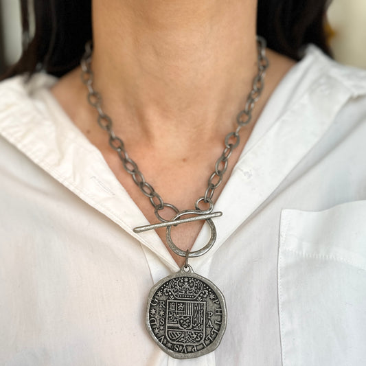 Estate Silver Pewter Tone Reversible Replica Coin Toggle Necklace
