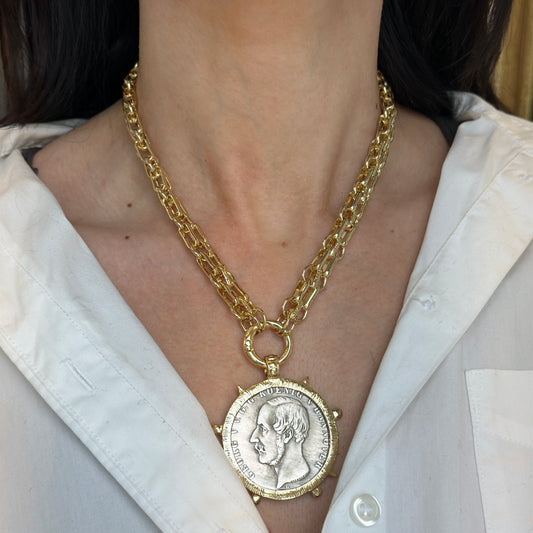 Estate Yellow Gold-Plated Silver Plated George V Koenig Replica Coin Bezel Necklace - LSJ