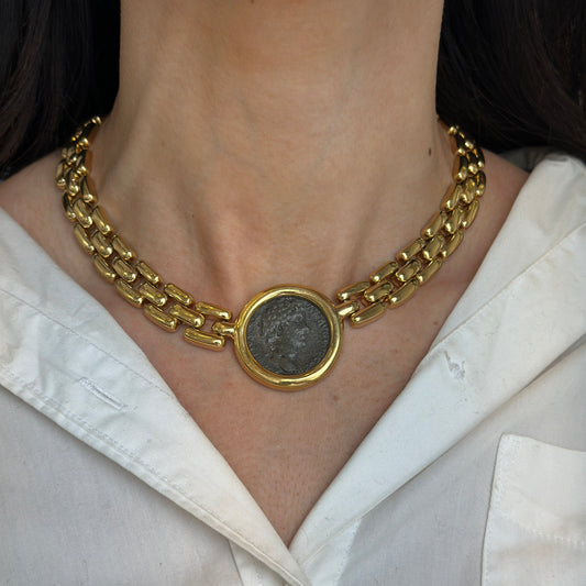 Estate Gold-Tone Ancient Replica Roman Coin + Panther Chain Necklace 17" - LSJ