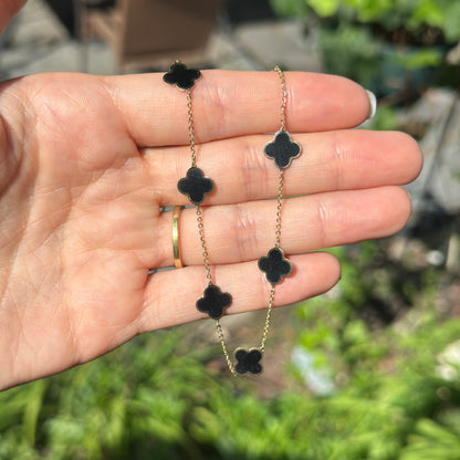 14KT Yellow Gold 10mm Black Onyx Clover Station Cable Chain Necklace