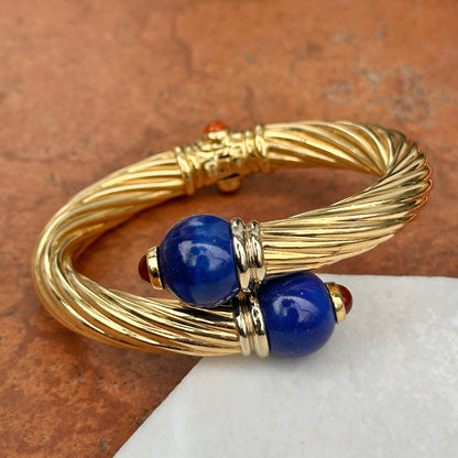 Estate 18KT Yellow Gold Cable Twist Bypass Lapis Cuff Bracelet