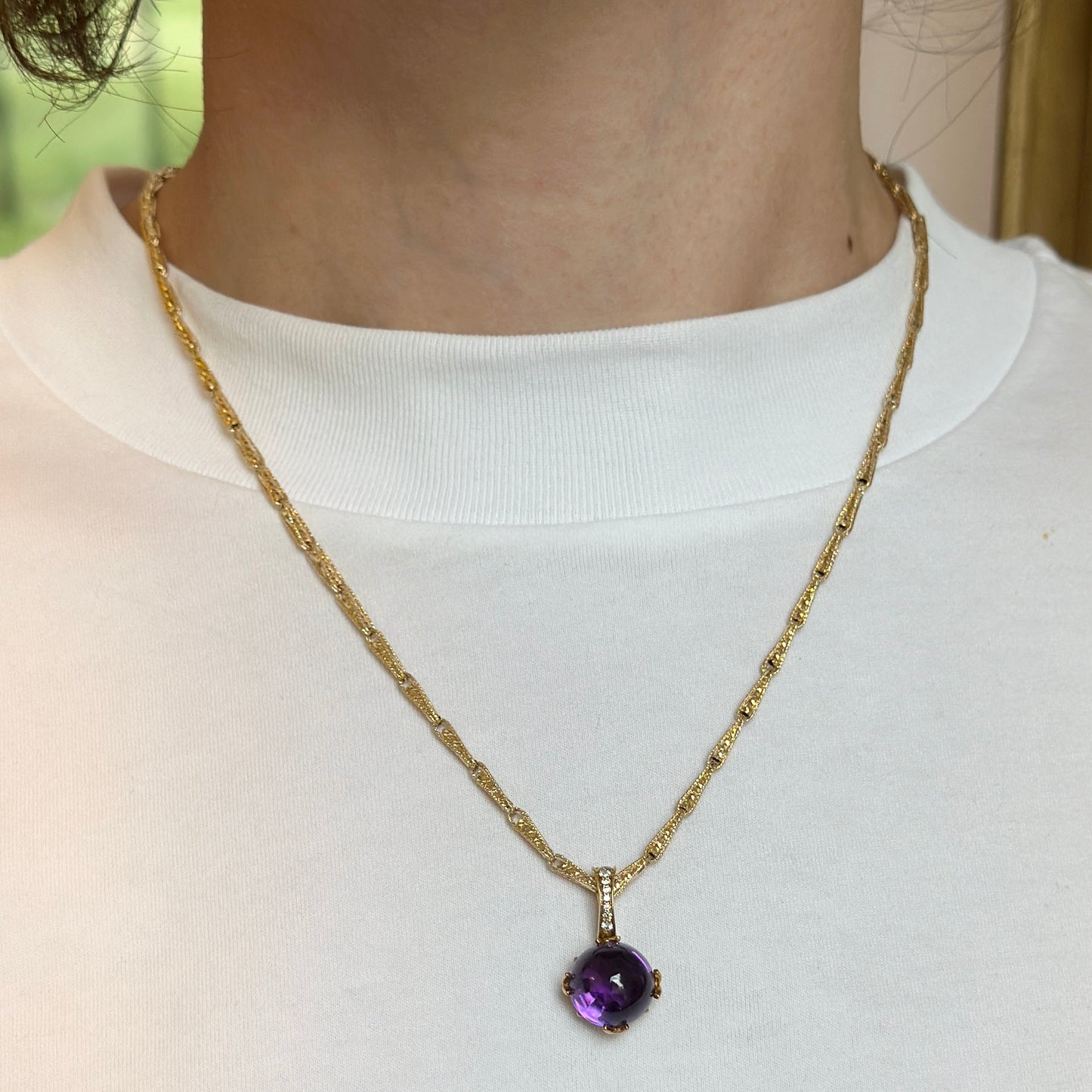 Estate 18KT Yellow Gold Cabochon Amethyst + Diamond Pendant Slide