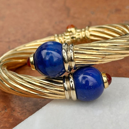 Estate 18KT Yellow Gold Cable Twist Bypass Lapis Cuff Bracelet