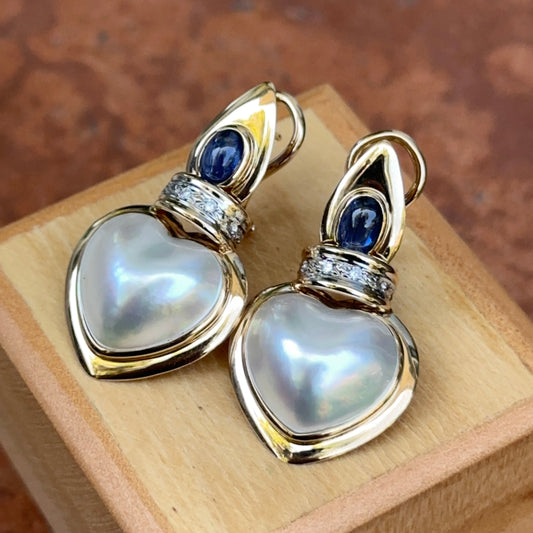 Estate 14KT Yellow Gold Heart Mabe Pearl + Blue Sapphire Omega Back Earrings