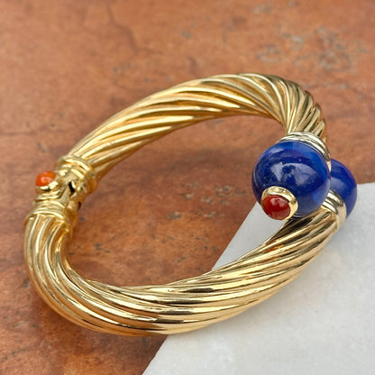 Estate 18KT Yellow Gold Cable Twist Bypass Lapis Cuff Bracelet