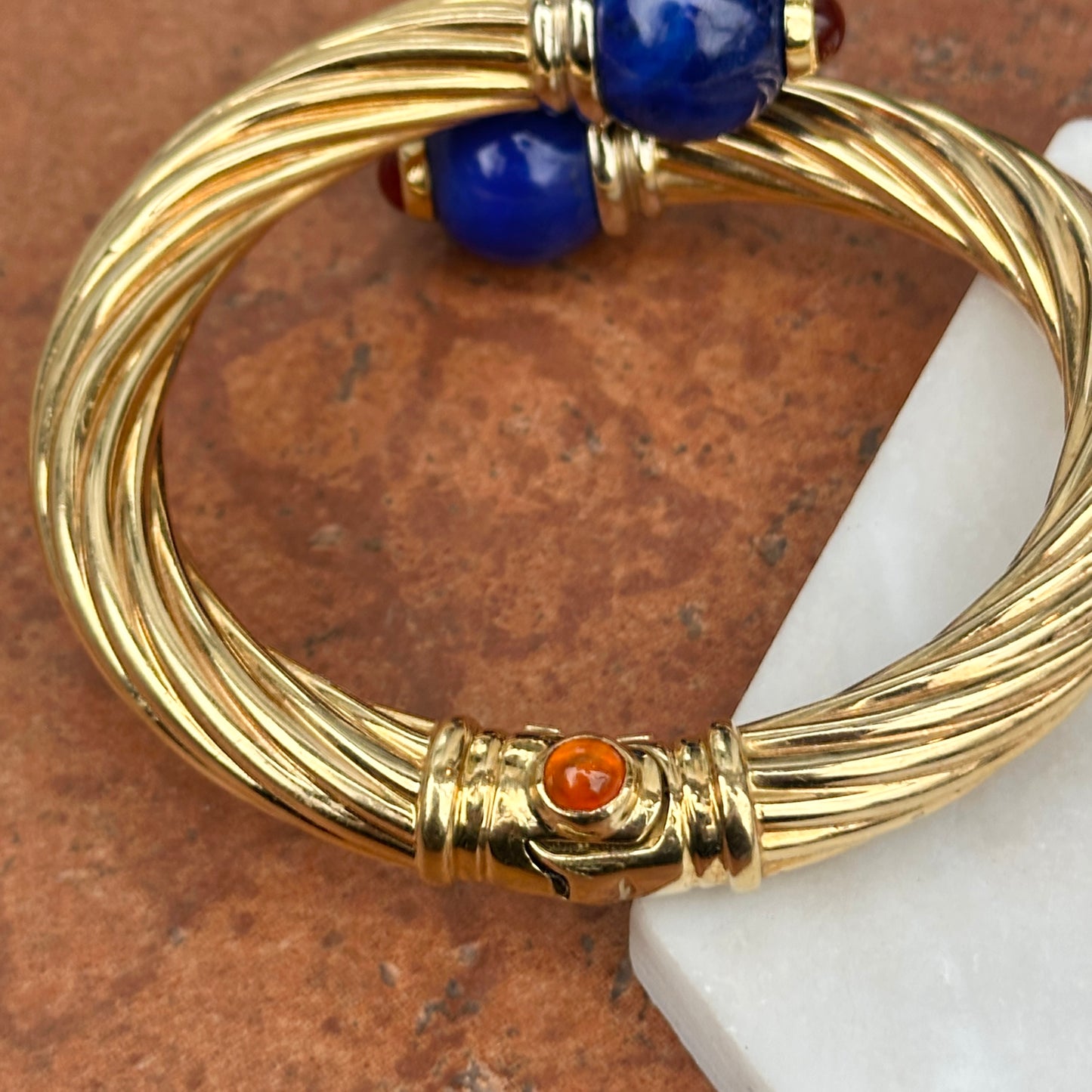 Estate 18KT Yellow Gold Cable Twist Bypass Lapis Cuff Bracelet