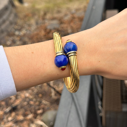 Estate 18KT Yellow Gold Cable Twist Bypass Lapis Cuff Bracelet