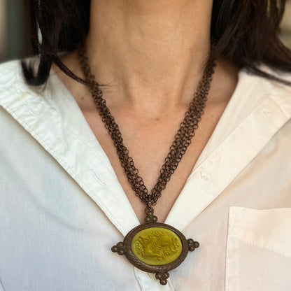 Estate Babyone Paris Bronze Tone Dragon Cameo Intalio Green Venetian Glass Necklace 18” - LSJ