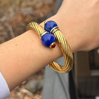 Estate 18KT Yellow Gold Cable Twist Bypass Lapis Cuff Bracelet