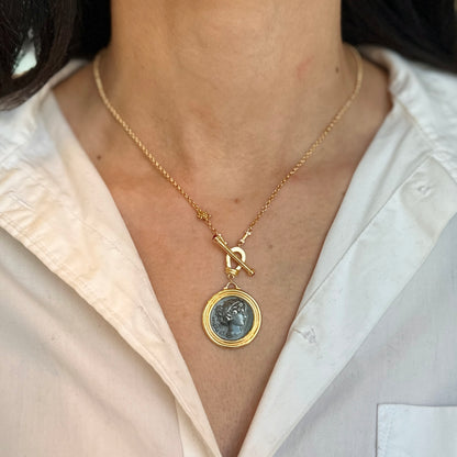 Estate Gold-Tone Replica Sixpense Coin + Stones Toggle Necklace 18.5" - LSJ