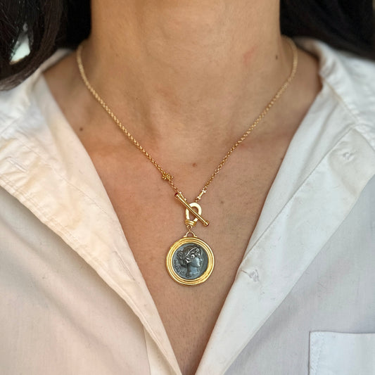 Estate Gold-Tone Replica Sixpense Coin + Stones Toggle Necklace 18.5" - LSJ