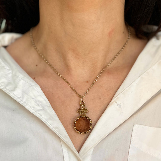Vintage Gold Tone Necklace + Replica Cameo Citrine Amber Colored Venetian Glass Necklace 18” - LSJ