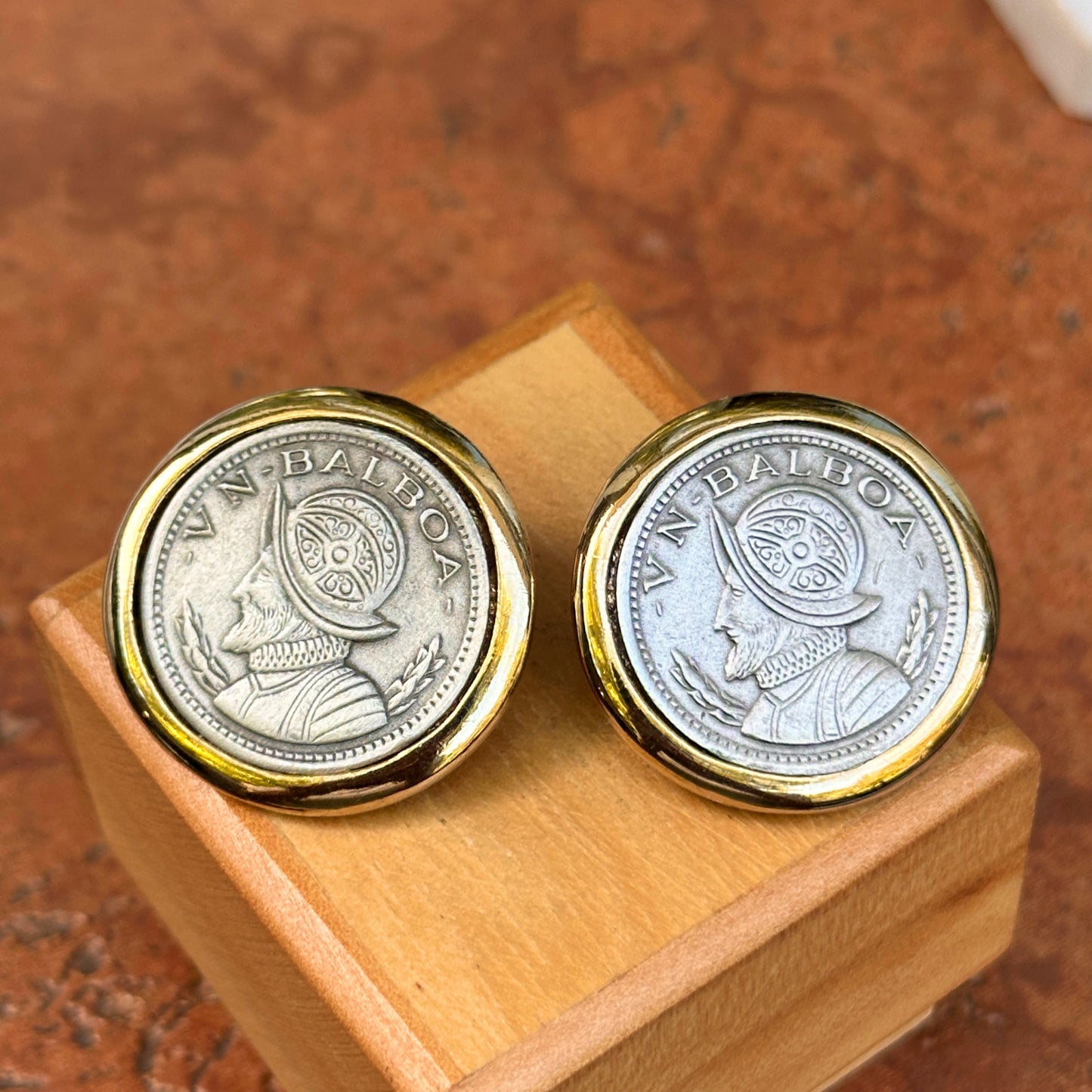 Vintage Gold-Tone + Silver Tone Panama VN Balboa Coin Bezel  Earrings 27mm