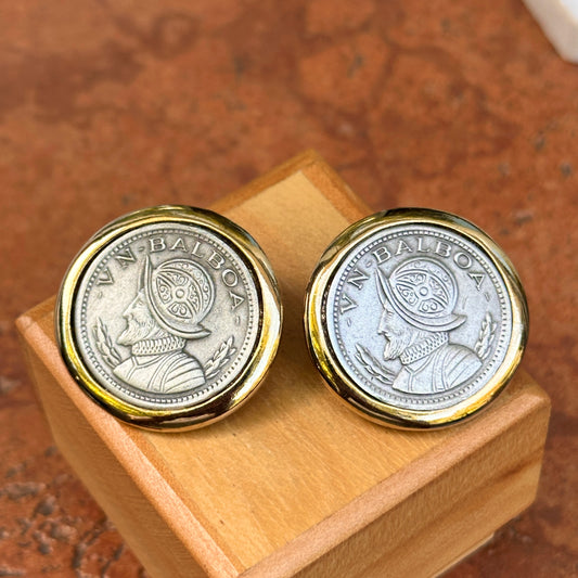 Vintage Gold-Tone + Silver Tone Panama VN Balboa Coin Bezel  Earrings 27mm
