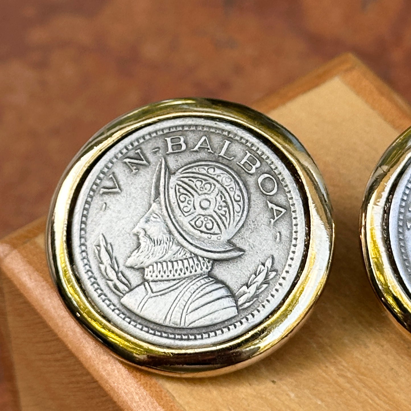 Vintage Gold-Tone + Silver Tone Panama VN Balboa Coin Bezel  Earrings 27mm