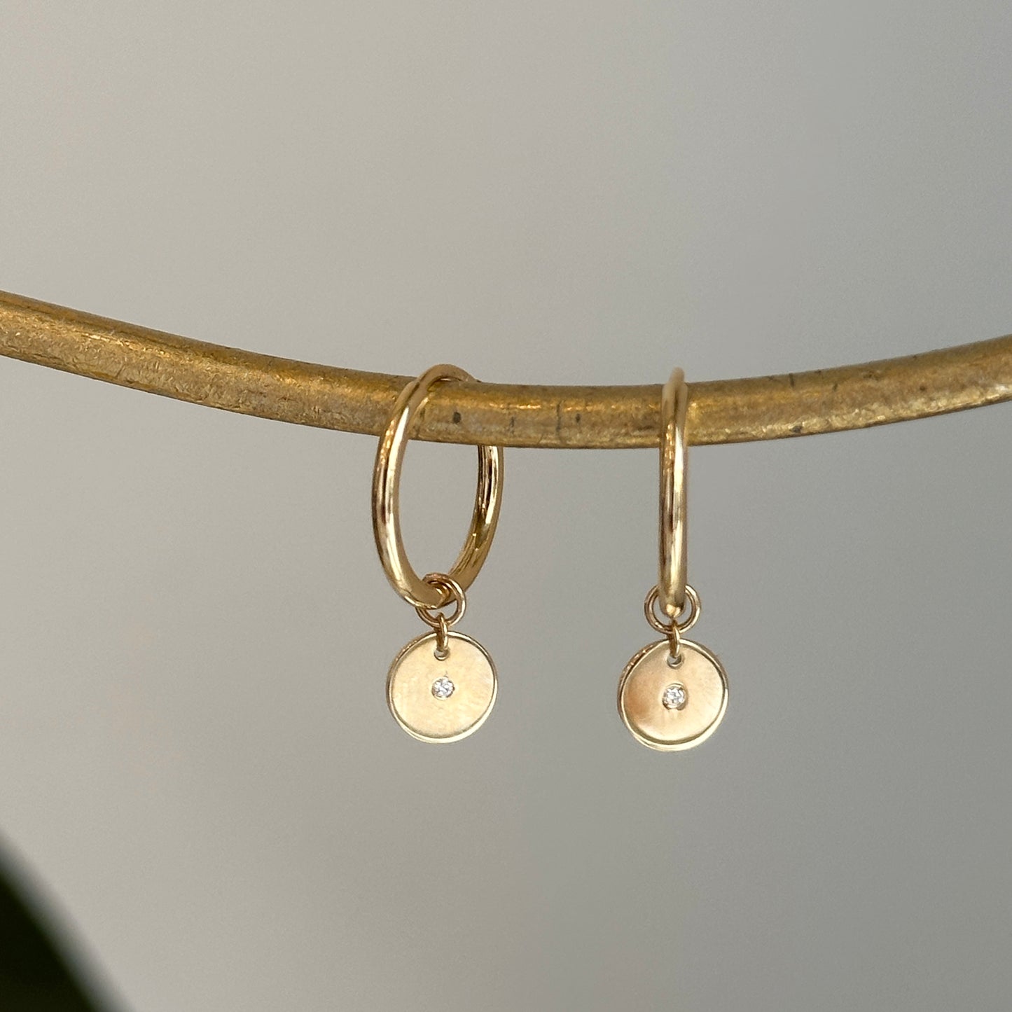 14KT Yellow Gold Small Endless Hoop + Diamond Disc Charms Earrings - LSJ