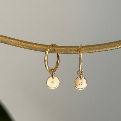 14KT Yellow Gold Small Endless Hoop + Diamond Disc Charms Earrings - LSJ
