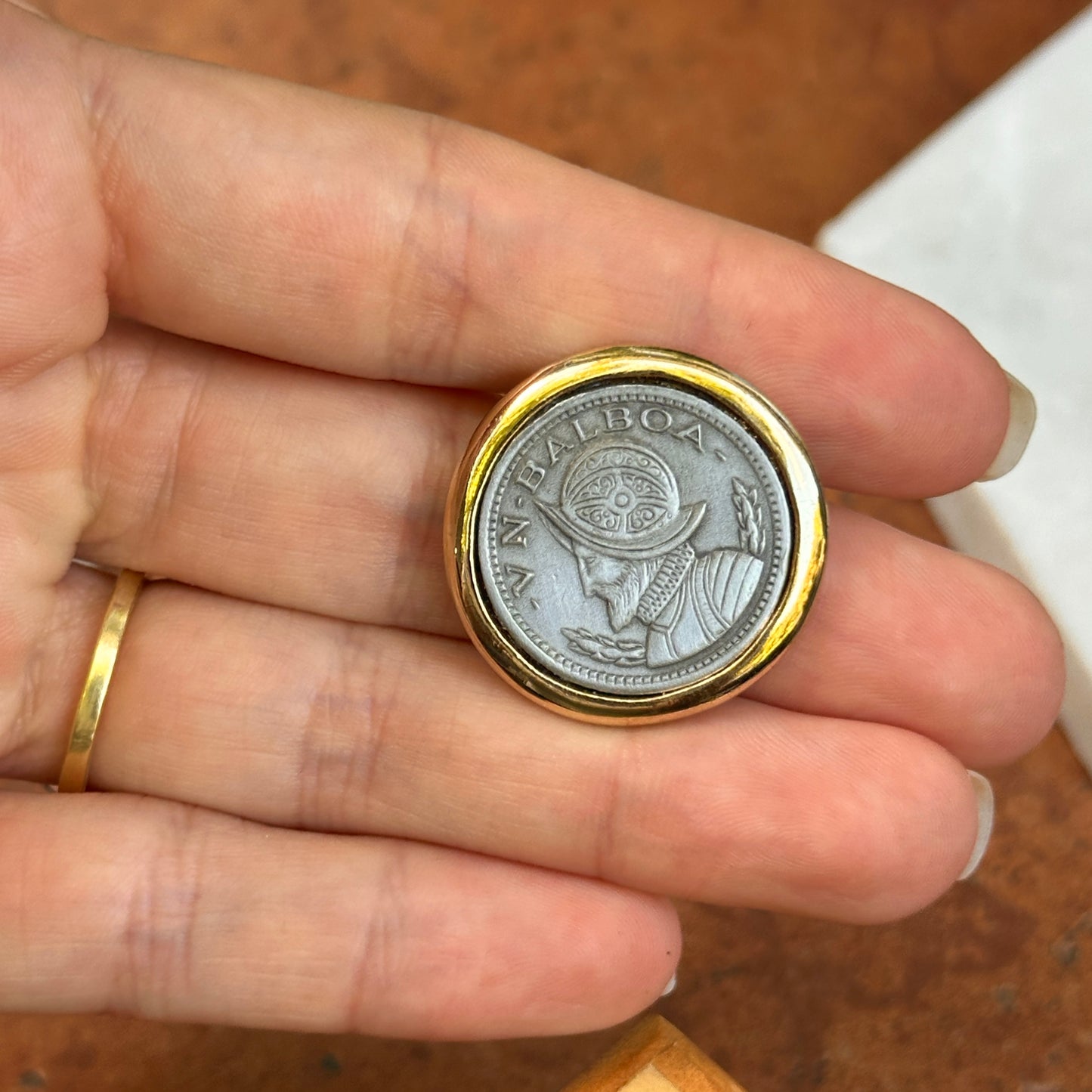 Vintage Gold-Tone + Silver Tone Panama VN Balboa Coin Bezel  Earrings 27mm