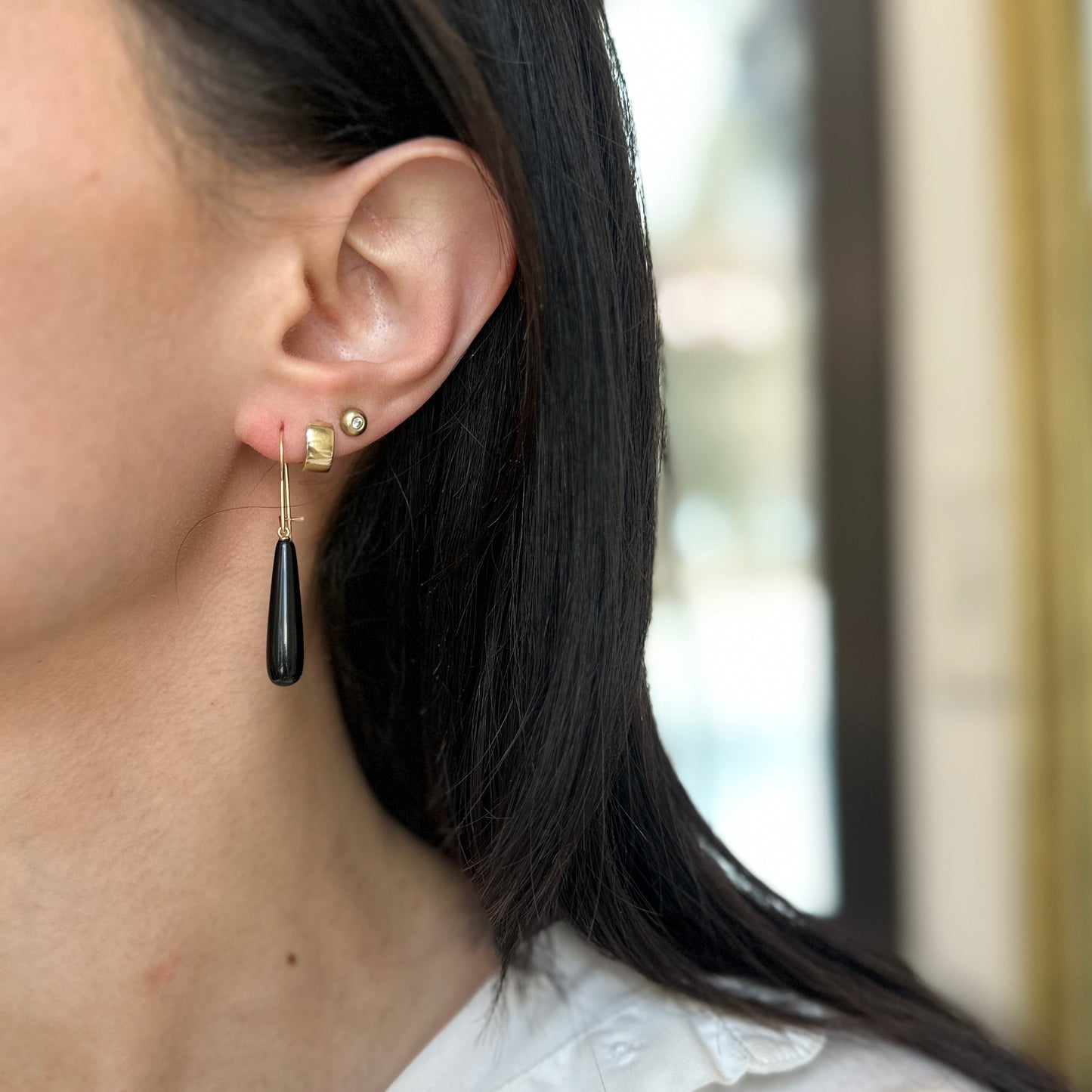 14KT Yellow Gold Teardrop Black Onyx Kidney Wire Earrings - LSJ