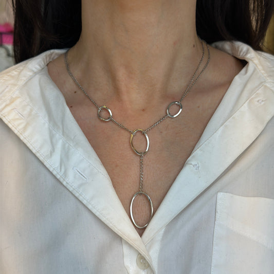 Sterling Silver Double Chain Large Oval Drop Necklace 18'' - LSJ