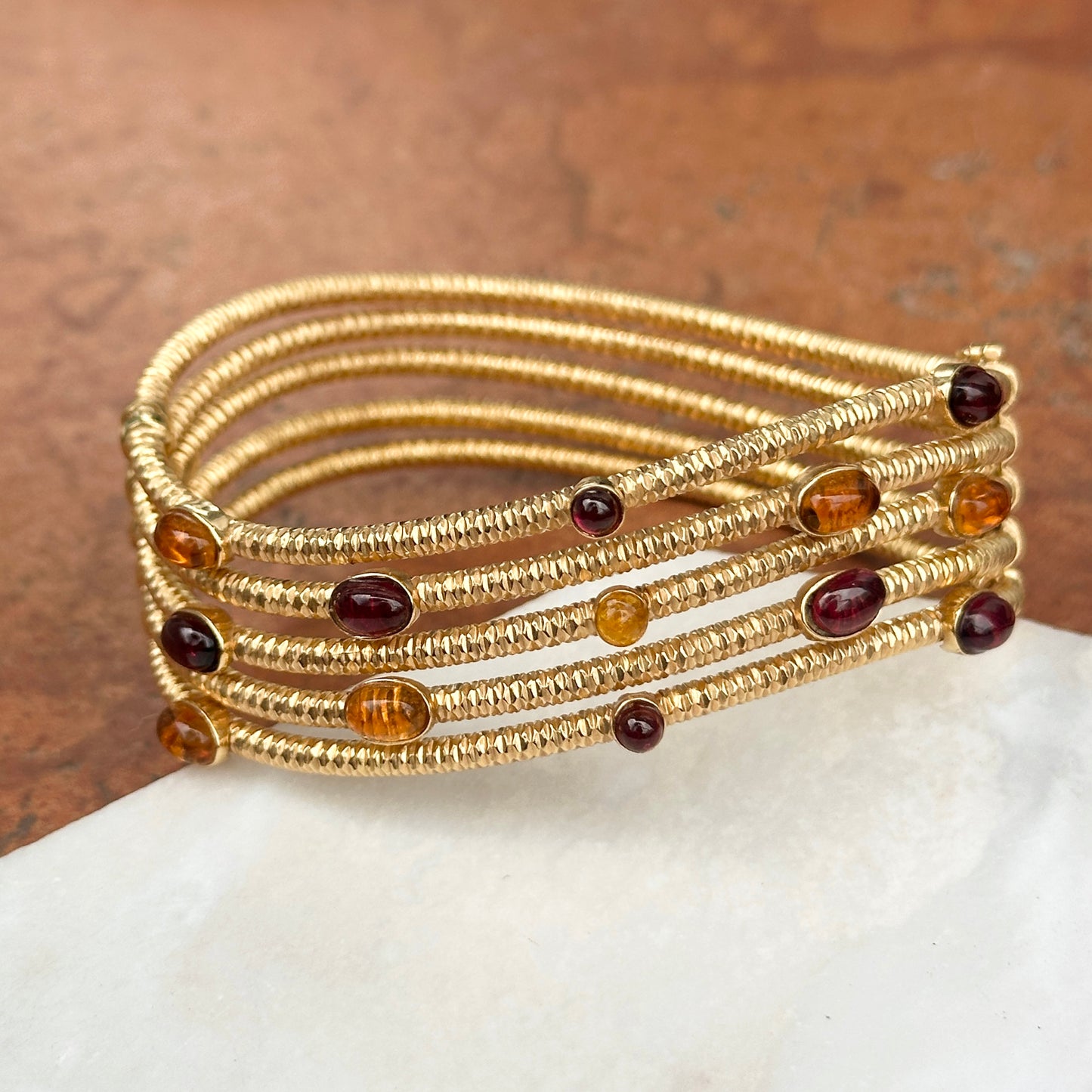 Estate 18KT Yellow Gold Wave Cuff Citrine + Garnet Cuff Bracelet