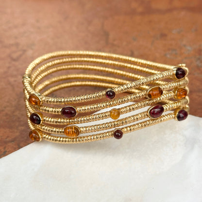 Estate 18KT Yellow Gold Wave Cuff Citrine + Garnet Cuff Bracelet