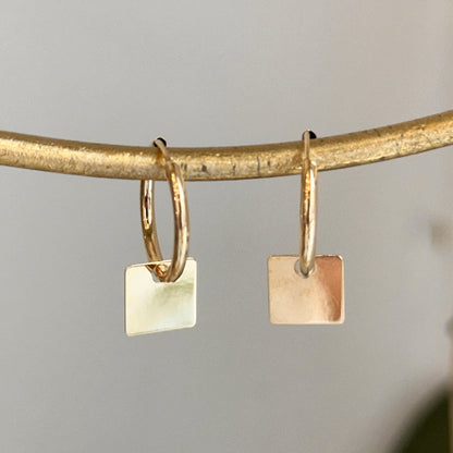 14KT Yellow Gold Endless Hoop + Square Charms Earrings - LSJ