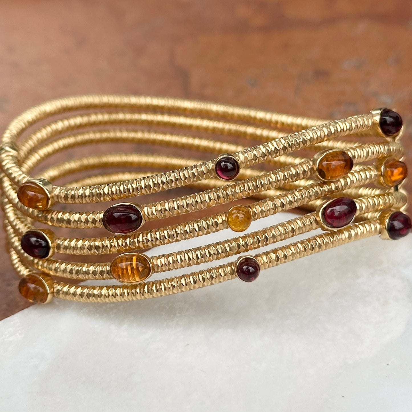 Estate 18KT Yellow Gold Wave Cuff Citrine + Garnet Cuff Bracelet