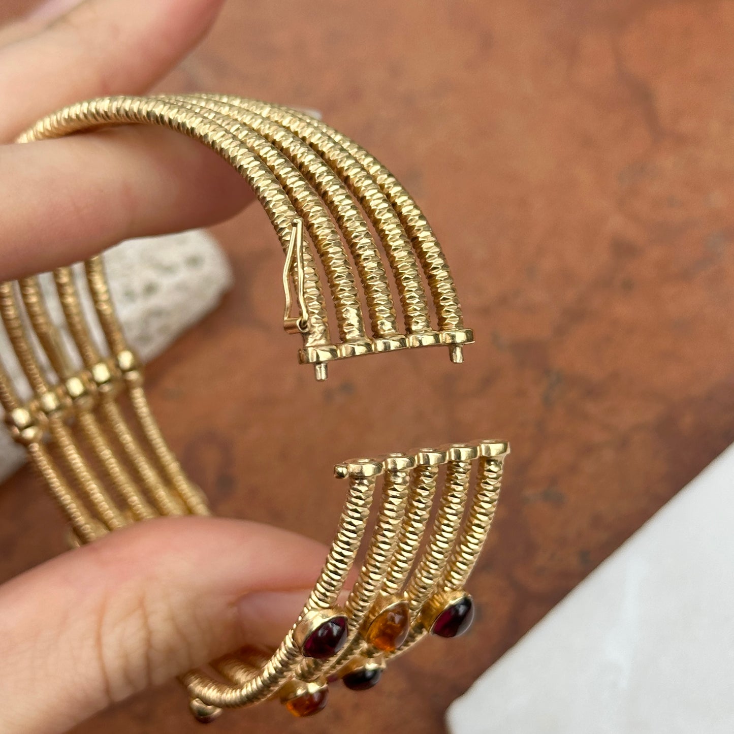 Estate 18KT Yellow Gold Wave Cuff Citrine + Garnet Cuff Bracelet