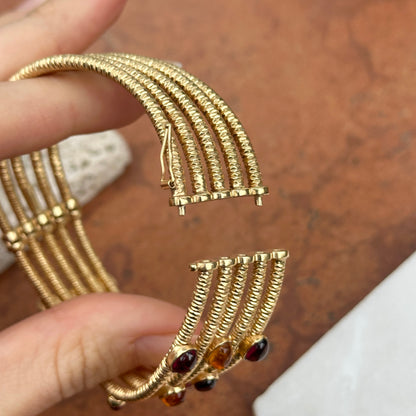 Estate 18KT Yellow Gold Wave Cuff Citrine + Garnet Cuff Bracelet
