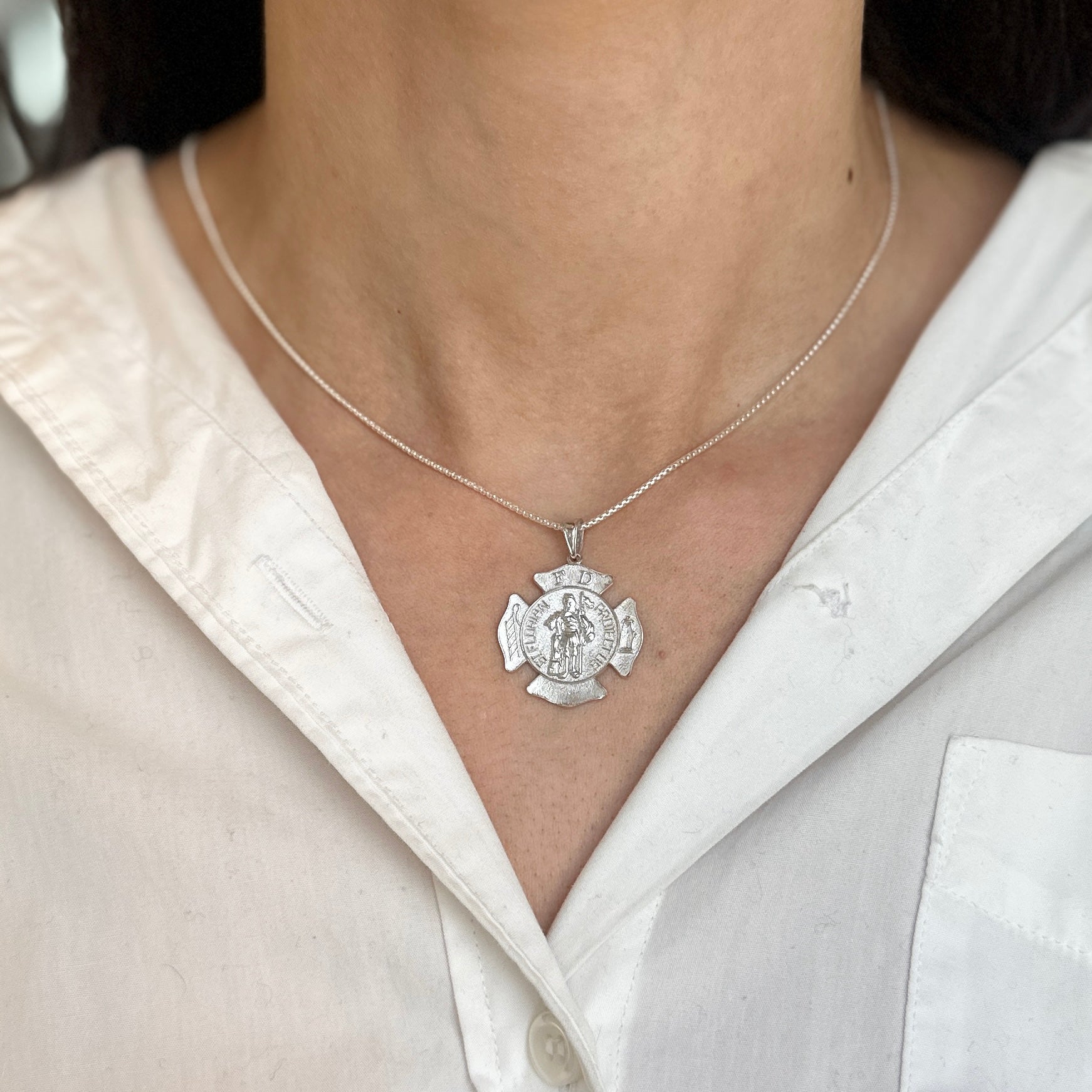 Sterling Silver Rhodium Plated Saint Florian Badge Pendant 23.5mm - LSJ