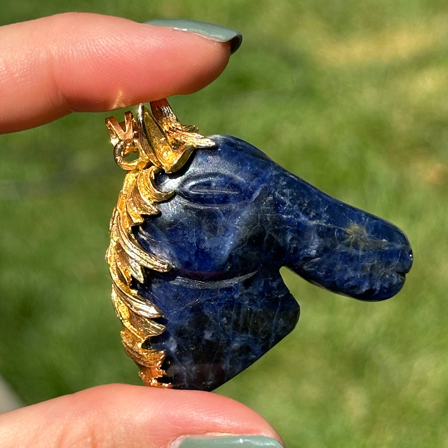 Estate Gold-Tone Carved Sodalite Horse Head Pendant