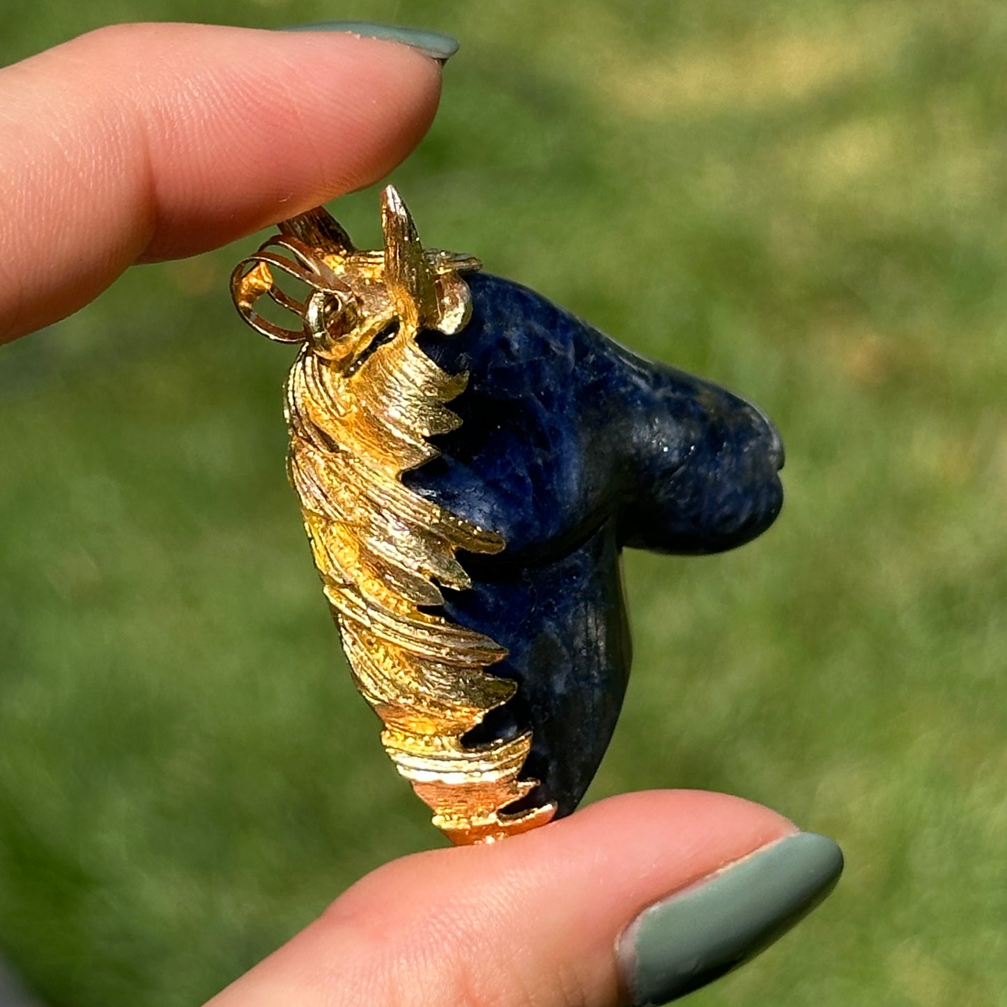 Estate Gold-Tone Carved Sodalite Horse Head Pendant