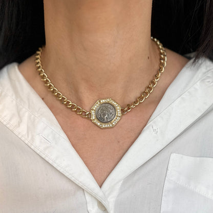 Estate Yellow Gold-Plated Silver Replica French Coin + Stones Necklace - LSJ