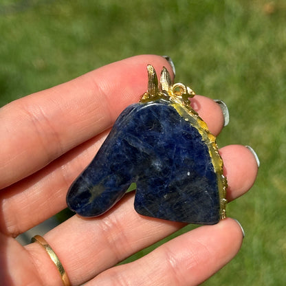 Estate Gold-Tone Carved Sodalite Horse Head Pendant