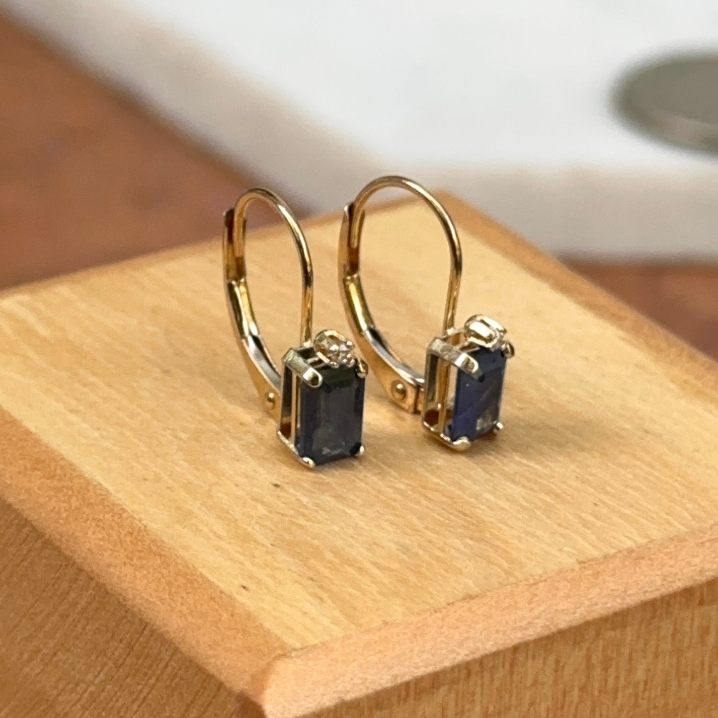 Estate 14KT Yellow Gold Emerald-Cut Blue Sapphire + Diamond Lever Back Earrings