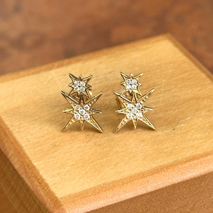 14KT Yellow Gold Pave Round Diamond Double Star Stud Earrings