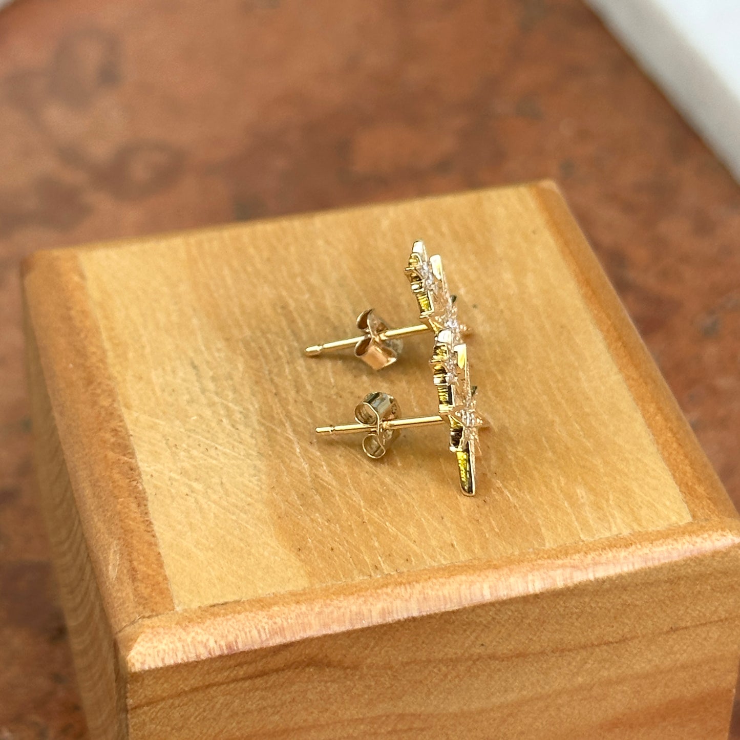 14KT Yellow Gold Pave Round Diamond Double Star Stud Earrings