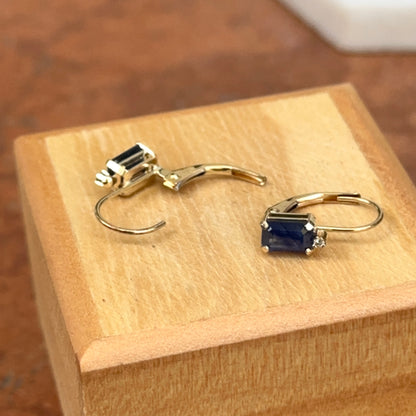 Estate 14KT Yellow Gold Emerald-Cut Blue Sapphire + Diamond Lever Back Earrings