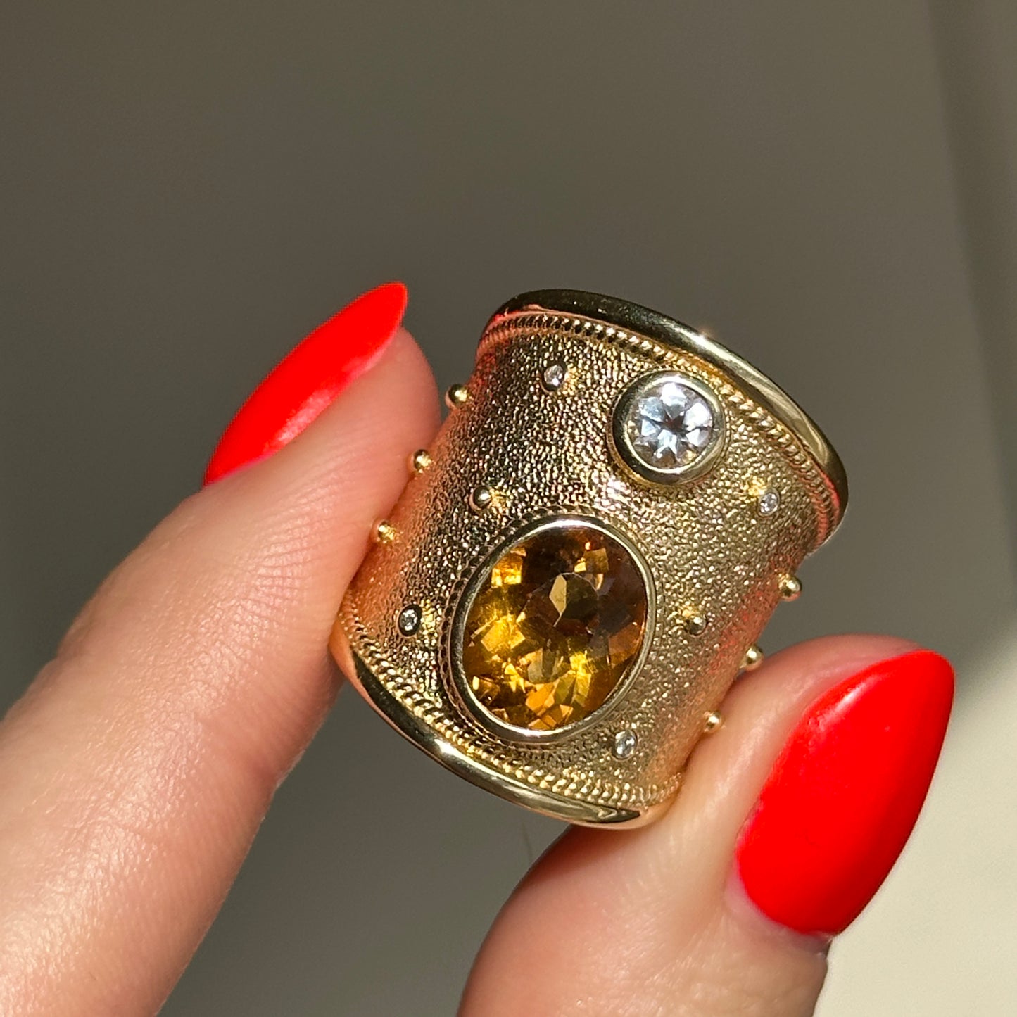 Estate 18KT Yellow Gold Byzantine Citrine + White Topaz Wide Ring - LSJ