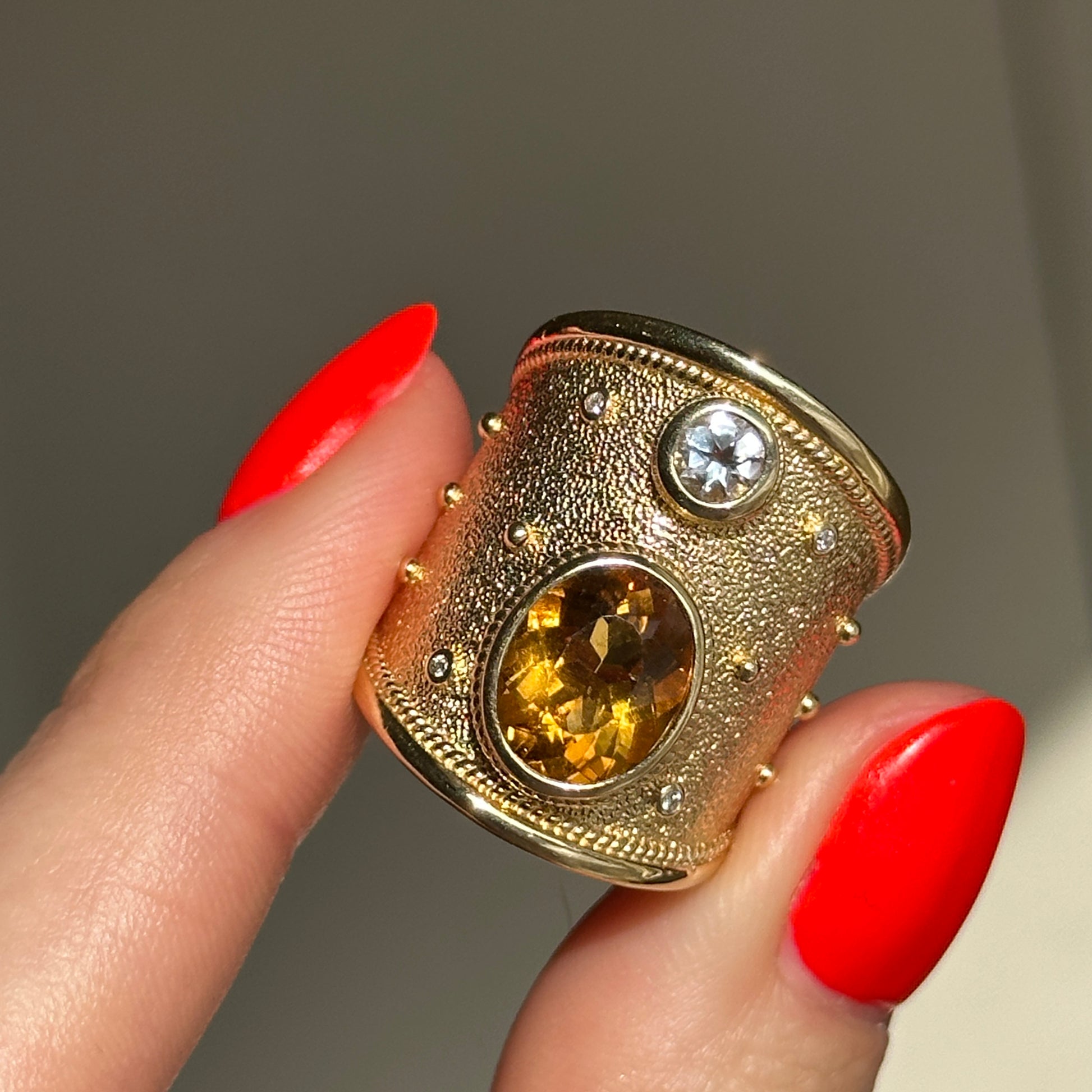Estate 18KT Yellow Gold Byzantine Citrine + White Topaz Wide Ring - LSJ