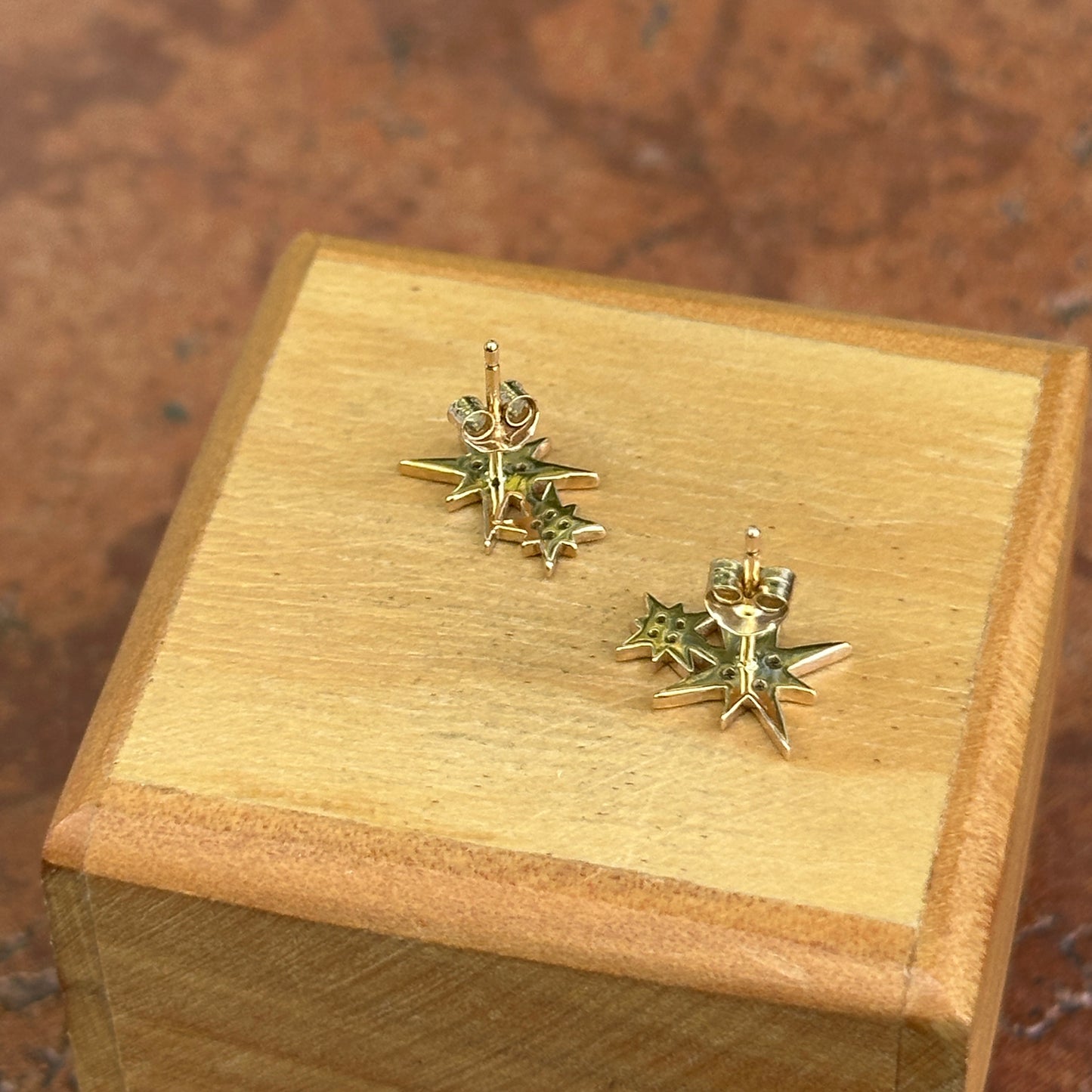 14KT Yellow Gold Pave Round Diamond Double Star Stud Earrings