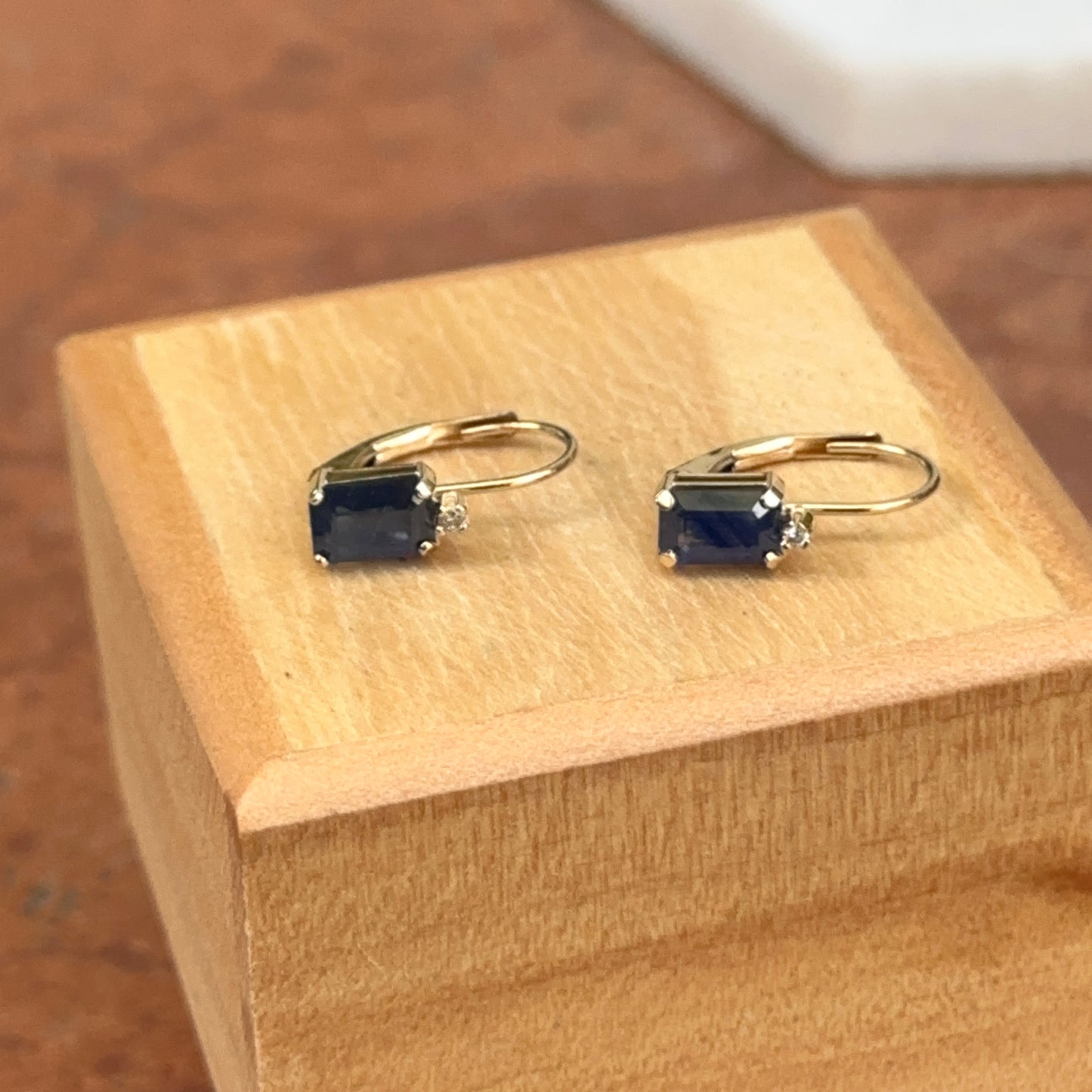 Estate 14KT Yellow Gold Emerald-Cut Blue Sapphire + Diamond Lever Back Earrings