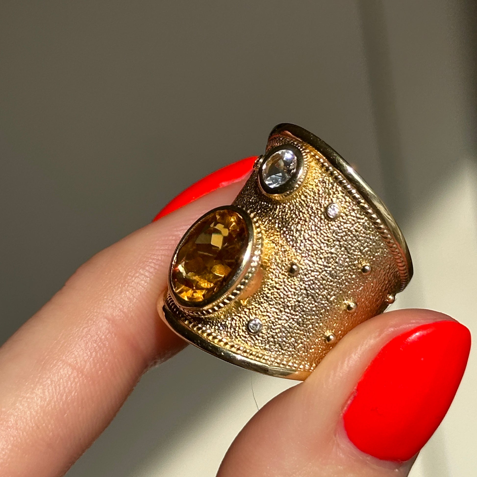 Estate 18KT Yellow Gold Byzantine Citrine + White Topaz Wide Ring - LSJ